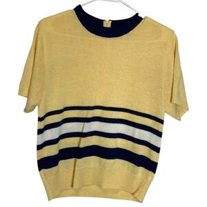 San Remo M Yellow Knit Top Striped Short Sleeve Back Zip Nautical Retro Preppy